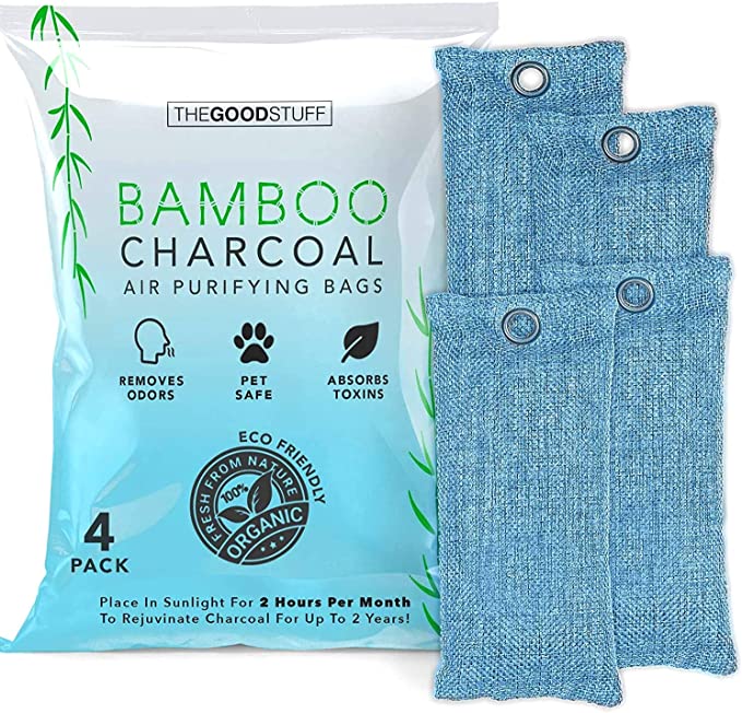 Bamboo Charcoal Air Purifying Bag: 4 Pack - Naturally Freshen Your Rooms, Shoes, Lunch Box, Fridge and Car - Bamboo Charcoal Bags Odor Absorber, Charcoal Shoe Deodorizer Bags, Natural Air Purifier