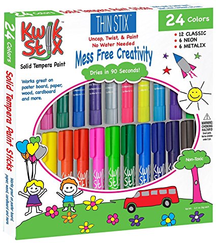 Pencil Grip Kwikstix Thin Stix Solid Tempera Paint 24 Pack, Super Quick Drying, 12 Classic 6 Neon & 6 Metallix Colors, (TPG-620)