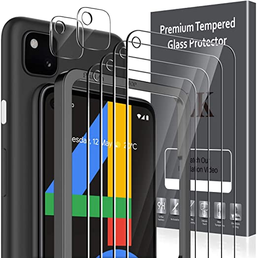 6 Pack LK 4 Pack Screen Protector and 2 Pack Camera Lens Protector Compatible with Google Pixel 4a 4G 5.8-inch, Not fit for Google Pixel 4a 5G, Tempered Glass, Easy Frame Installation, HD Ultra-Thin