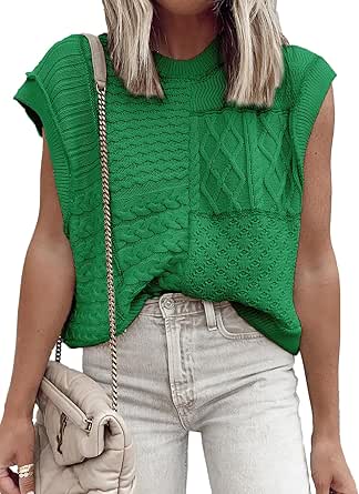 EVALESS Womens Cap Sleeve Sweater Vest Crewneck Loose Fit Knit Lightweight Crochet Knit Pullover Tops