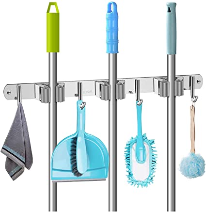 VASLON Mop and Broom Holder, Broom And Mop Holder Wall Mounted, Heavy Duty Stainless Steel Mop And Broom Holder Wall Mount With 3 Racks 4 Hooks for Bathroom Kitchen Office Stainless Steel Wall Mounted Garden Tool Organizer, Ideal Broom Hanger Tool Rack Storage for Kitchen, Garage, Laundry Room