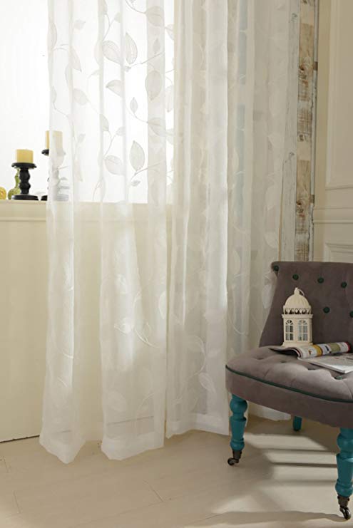 White Rod Pocket Sheer Curtains 96 inches Long Leaves Embroidered Window Curtain Sheer Voile Panels for Living Room & Bedroom, 60x96,Two Panels