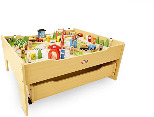 Little Tikes Real Wooden Train Table Set for Kids, Deluxe Over 80Piece Hand Painted Wooden Set with Tracks, Trains & Accessories