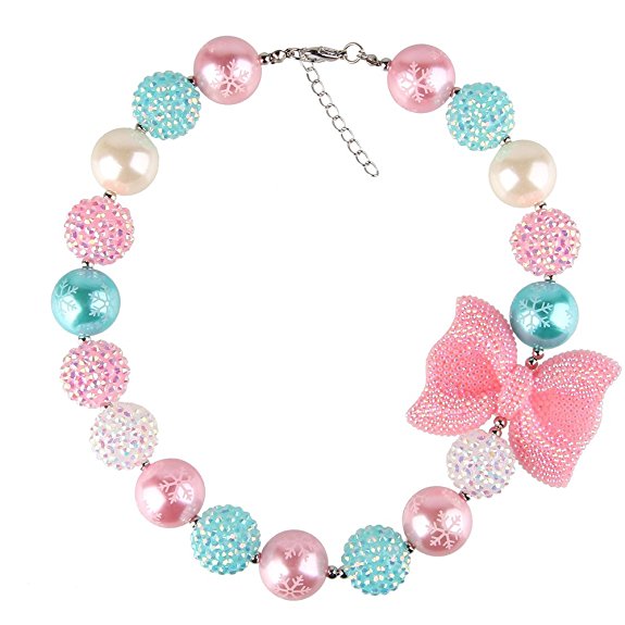 Beauty7 Ribbon Tie Candy Color Beads Chain Chunky Bib Necklace Statement Choker Girl's Kids Bubblegum