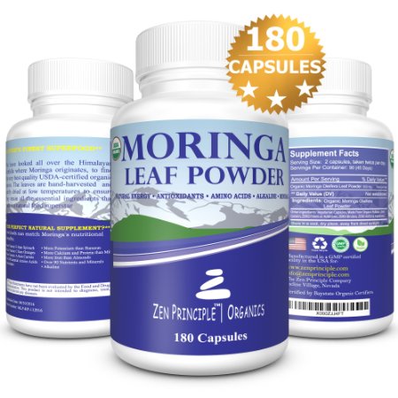 180 Capsules Organic Moringa Oleifera. Ultra-Premium, 100% USDA Certified. Provides an All Natural Energy Boost and Multi-Vitamin. A Raw Superfood, Vegan, No GMO and Gluten Free.