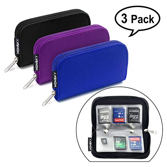 Honsky Memory Card Holder, 3 Set 22 Slot SD CF SDHC SDXC MMC Micro SD SecureDigital Memory CompactFlash Cards Carrying Cases & Sleeves Bags Media Storage & Organization - Black, Purple, Blue