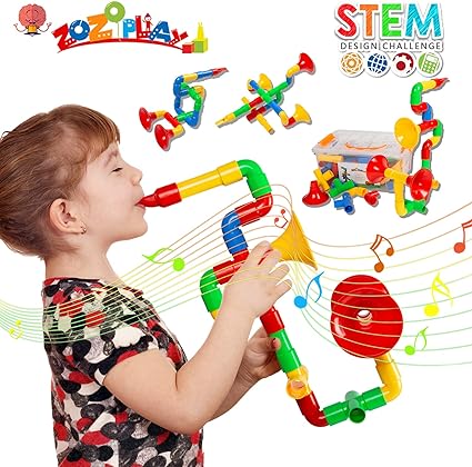 ZoZoplay STEM Learning Toy Tubular Pipes & Spouts & Joints 64 Piece Build Bicycle, Tank, Scootie, Moter Skills Endless Designs Educational Building Blocks Set for Kids Ages 3 , Multicolor