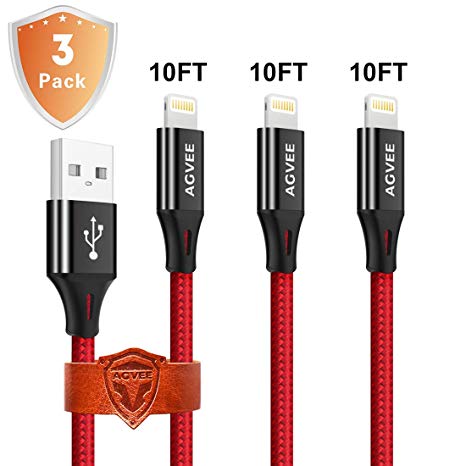End Tip Bear 20kg Force, 4A Heavy Duty, Agvee Metal Shell [3 Pack 10ft], Braided Durable Fast Charging Cable Charger Cord for Phone X 8 7 6s 6 Plus 5 Case Friendly Red