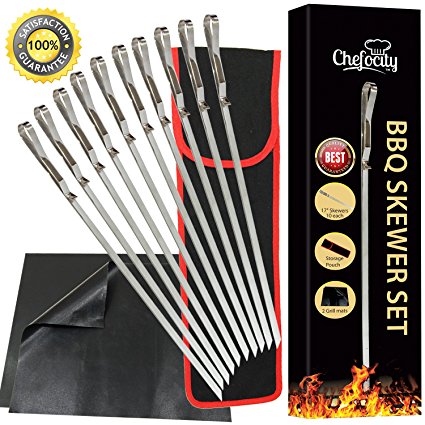 Chefocity BBQ Shish Kabob Skewers For Grilling, Stainless Steel 17" Long, Extra Wide Flat Metal Skewers - Barbecue Grill Mats - Storage Bag - 13 Piece Set   Free Ebook