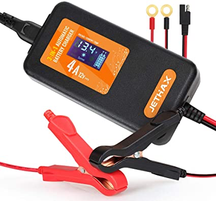 Jethax 12V 4A Smart Car Battery Charger, Fully Automatic 3-in-1 Portable Battery Maintainer and Trickle Charger for Car, Motorcycle, Lawn Mower, Scooter, SUV, ATV