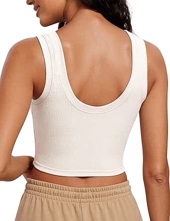 CRZ YOGA Ribbed Crop Tank Tops for Women Low U-Back Casual Cropped Fitted Sleeveless Shirt Scoop Neck Workout Yoga Tanks