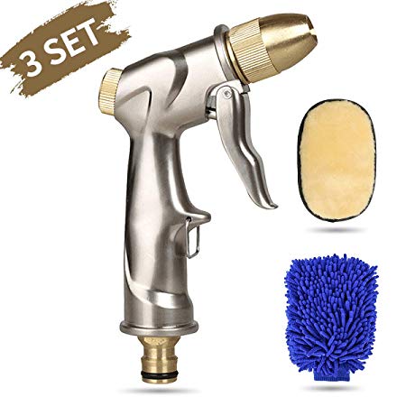 CAVEEN Garden Hose Nozzle, Heavy Duty Metal Spray Gun with Full Brass Nozzle, 4 Watering Patterns Water Hose Nozzle, High Pressure Pistol Grip Sprayer with 2 Mitts for Watering Plants, Car Wash