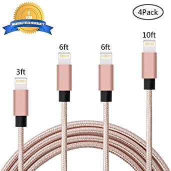 iPhone Cable 4Pack 3FT 6FT 6FT 10FT, Kiomi Lightning to USB Charger, 8 Pin Lightning to USB Sync & Charging Cable Cord for iPhone 7/7 Plus,6/6S,5/5S/5C/SE,iPad,iPod Nano 7 (Rose Gold)