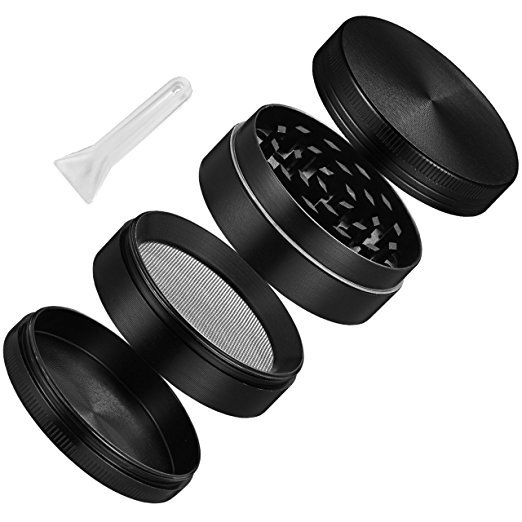 Homasy Spice Herb Grinder, Tobacco Spice Herb Weed Grinder with Pollen Scraper - Black (4 Pieces, 2-Inch, Razor-sharp Teeth, Zinc Alloy Material Made)