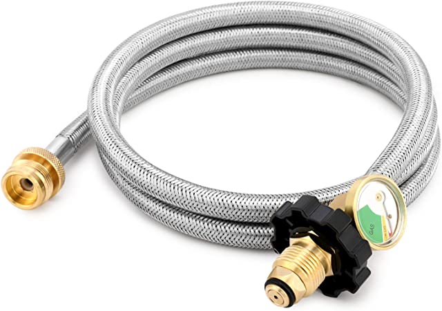 Kohree Propane Adapter Hose 1lb to 20lb Converter, 5FT Stainless Braided RV POL Propane Hose with Gauge for Propane Stove, Tabletop Grill and and More 1 LB Portable Appliance to 5-100 LB Tank