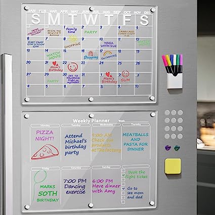 Winblo 2 Set Acrylic Magnetic Monthly and Weekly Calendar for Fridge - Clear Dry Erase Board Calendar for Refrigerator Reusable Planner, Includes Silicone Gaskets & 6 Colors Markers(16"x12"Inches)