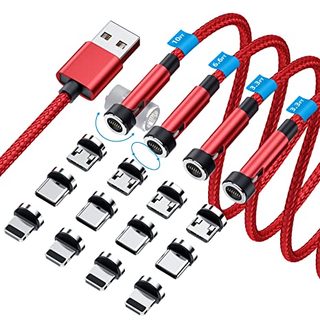 540° Rotation Magnetic Charging Cable, 3 in 1 Magnetic Phone Charger [4-Pack, 3ft/3ft/6ft/10ft] Magnetic 3A Fast Charging Cable & Data Transfer Magnetic Charger for iPhone/Micro USB/Type C Device-Red