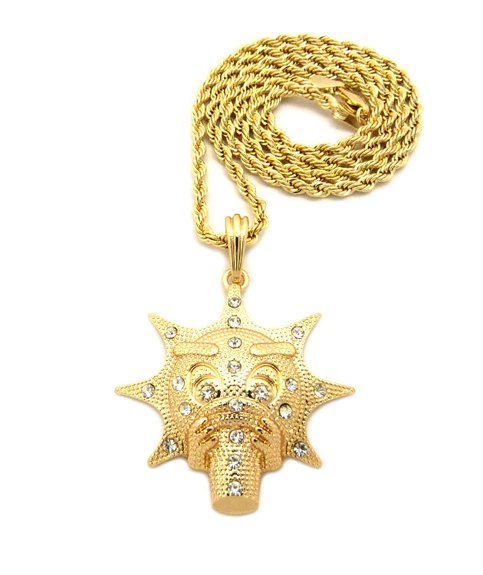 Gold - Tone Rhinestone Glo Gang Pendant 3mm 24 Rope Chain Hip Hop Necklace MSP413GRC