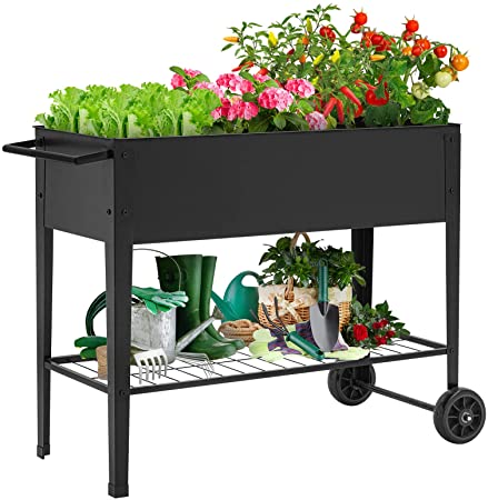 KINGSO Raised Garden Bed Elevated Planter Box Outdoor on Wheels Mobile Planter Garden Bed Box for Herb Vegetable Flower Backyard Patio Durable Steel Planter with Shelf, 42" L x 19" W x 31" H