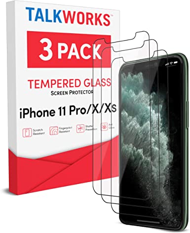 TalkWorks iPhone 11 Pro Screen Protector (Also Fits iPhone Xs, iPhone X) 3 Pack Tempered Glass Film Durable 0.33mm 9H Hardness, Case Compatible, Smudge, Scratch, Crack, Shatter Proof, HD Touch