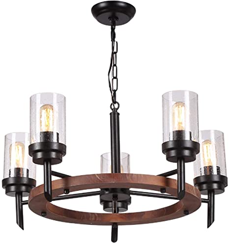 25" Wood Round Ceiling Light Fixture, Rustic Farmhouse Chandeliers Pendant for Dining Rooms Rustic (25" / 5 Lights)
