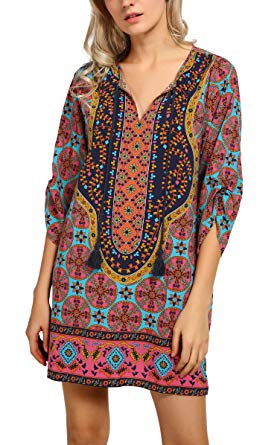 Women Bohemian Neck Tie Vintage Printed Ethnic Style Summer Shift Dress