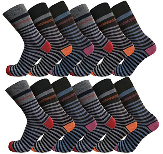 Mens Dress Socks, 12 Pairs Assorted Pattern Design, Colorful Classic Fun Casual