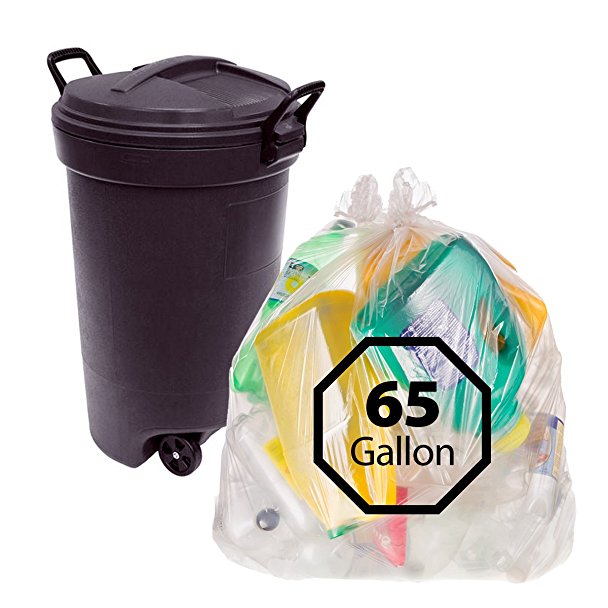 Primode Plastic 65 Gallon Trash Bags, 50 Count - Clear