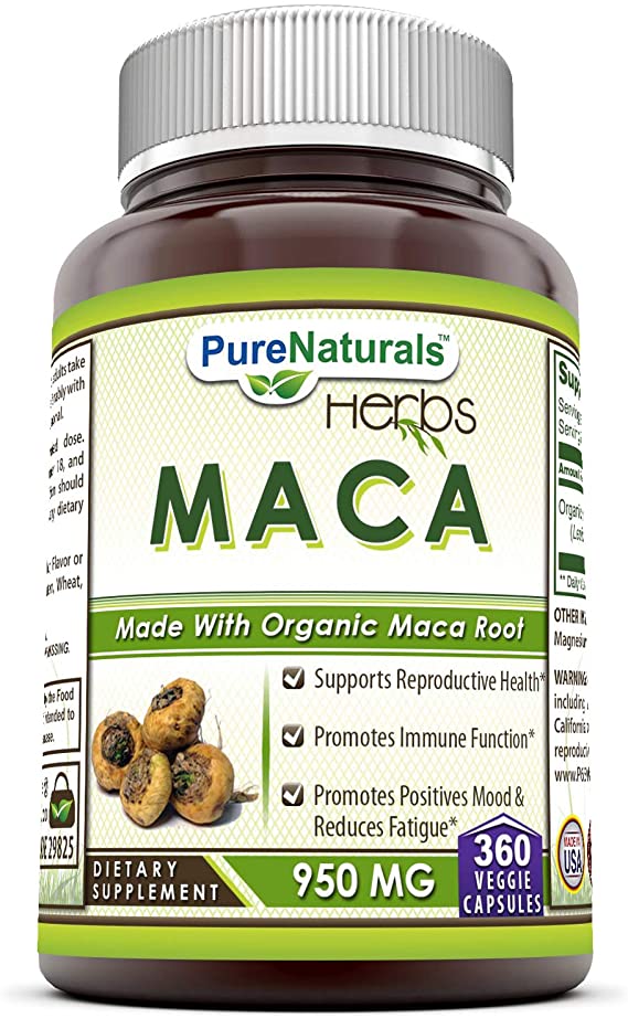 Pure Naturals Maca 950 Mg - Made with Organic Maca Root 360 Veggie Capsules- Promotes Immune Function*, Positive Mood and Reduce Fatigue*