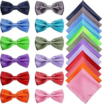 12 Sets Pre tied Bow Tie Pocket Square Handkerchief Solid Color Bowtie Satin Handkerchief for Men Boys