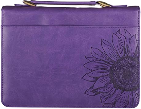 Christian Art Gifts Women's Fashion Bible Cover Strength and Dignity Proverbs 31:25, Purple/Gold Sunflower Faux Leather, Medium