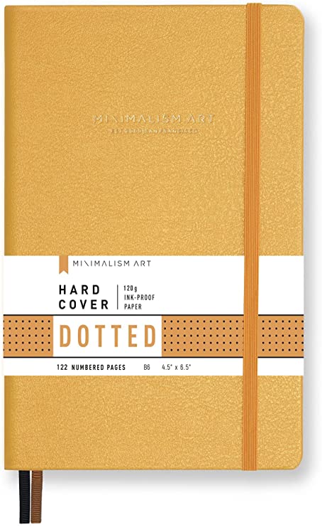 Minimalism Art, Premium Hard Cover Notebook Journal, Dotted Grid Page, 122 Numbered Pages, Gusseted Pocket, Ribbon Bookmark, Extra Thick Ink-Proof Paper 120gsm, Pocket B6 4.5" x 6.5" (X-Small, Amber)