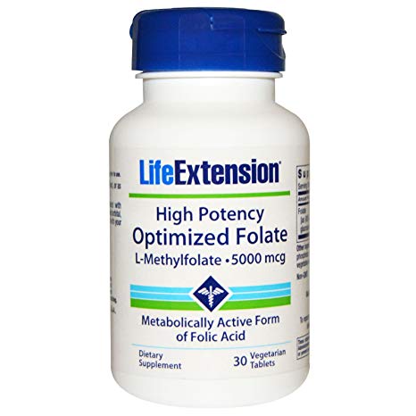 Life Extension High Potency Optimized Folate, 5000 mcg, 30 Veggie Tabs