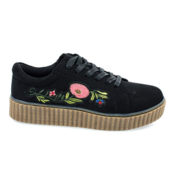 Embroidered Floral Patchwork Platform Lace Up Creeper Sneaker.