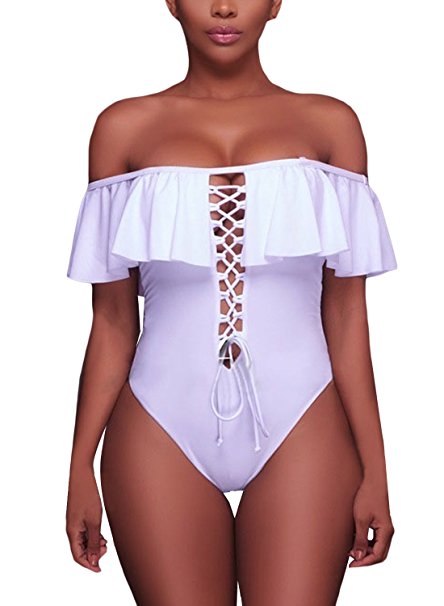 EVALESS Women Off The Shoulder Ruffle Lace up Monokini Push up Bikini One Piece Swimsuits