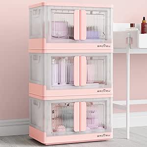 V6 Storage Bins with Lids, 102 QT Stackable Storage Bins with Wheels, Collapsible Storage Bins with Doors, Folding Storage Cabinets for Closet, Home Office Dorm Organizer Essential, Pink