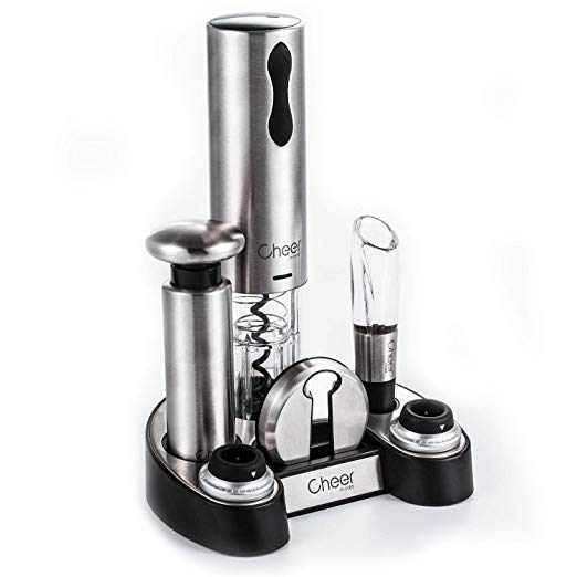 Wine Opener Gift Set,Stainless Steel Electric Wine Opener, Wine Aerator, Vacuum Wine Preserver with 2 Bottle Stoppers, Foil Cutter and Charging Base - 6 In 1 Wine Accessories 7717-W102-06