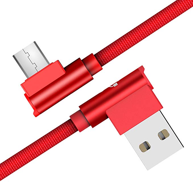 Right Angle Micro USB Cable- Aimus 90 Degree 4 ft Braided Charger Cable for Android Devices, Samsung Galaxy S7 S6 edge S5 Tab 2 3, Moto G5 Plus, Kindle Fire 10, HTC, Nexus, LG- USB 2.0, Red