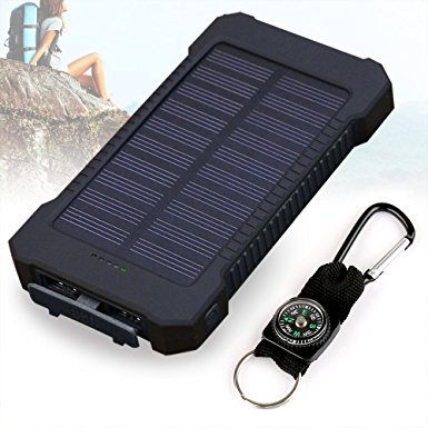 Foreverrise 10000mAh Solar Charger Dual USB Battery Pack Portable Phone Solar Power Bank Waterproof Battery Charger with LED Light and Carabiner with Compass Pack for Most USB Devices(Black)