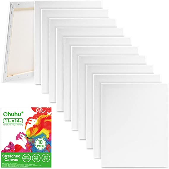 10 Pack Stretched Canvas Panels, Ohuhu 11x14 inch Stretched Board, Acid Free Primed 100% Cotton Boards, Framed Canvases for Artist for Students & Kids, Art Workers, for Acrylic Pouring, Oil Paint & other Artist Media