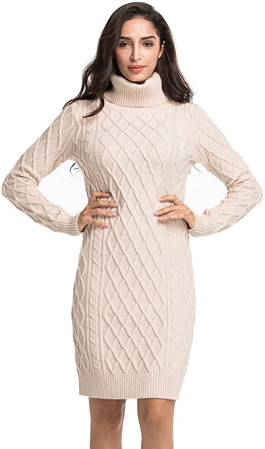 Lynz Pure Women's Turtleneck Sweater Dress Cable Knit Long Sleeve Slim Fit Jumper Dress