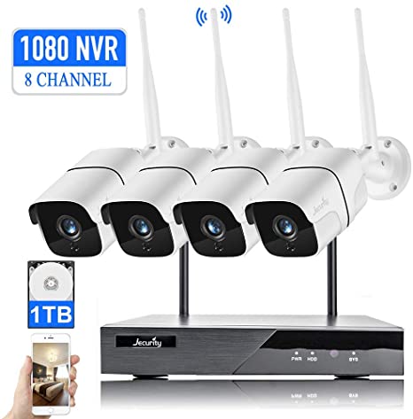 Home Camera Security System Wireless with Hard Drive,【Expandable 8CH  1TB Hard Drive】 Jecurity 1080P WiFi Security Camera System with 4 Waterproof IP Cameras, Auto Pair NVR System (HDD Pre-Installed)