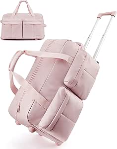 BAGSMART Rolling Duffle Bag with Wheels, Carry On Bag Duffel Bag for Travel, Wet Pocket Duffle Bag with Wheels and Handle, Pink