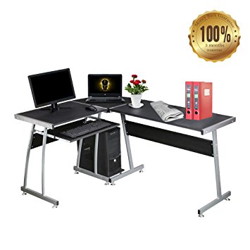 Dripex Wood L-Shape Round Corner Computer Desk PC Table Laptop Workstation for Home or Office - Black