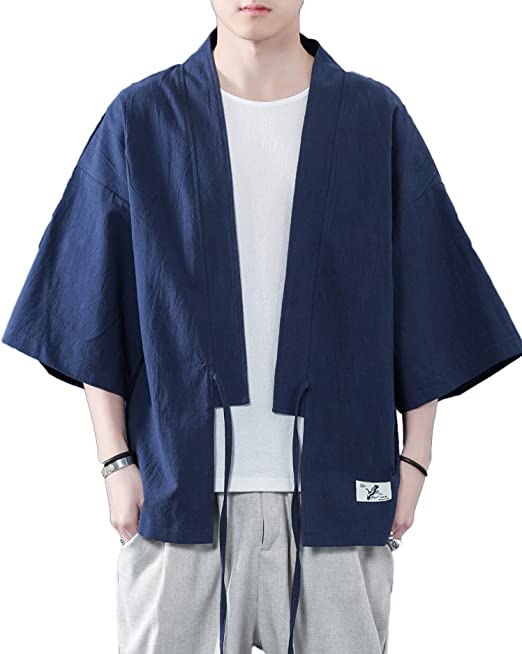 PRIJOUHE Men's Japanese Kimono Coat Loose 3/4 Sleeve Open Front Cardigan Tops Outwear Yukata with Drawstring Closure