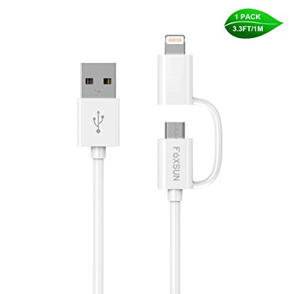 2 in 1 Lightning and Micro USB Cable,Foxsun 3.3ft/1m 2 in 1 USB Charging Cable Cord[Apple MFi Certified]for iPhone 7 /7 plus/6 /6s/6 Plus/6s plus/5s/5c/5/SE, iPad,iPod & Samsung and More(White)
