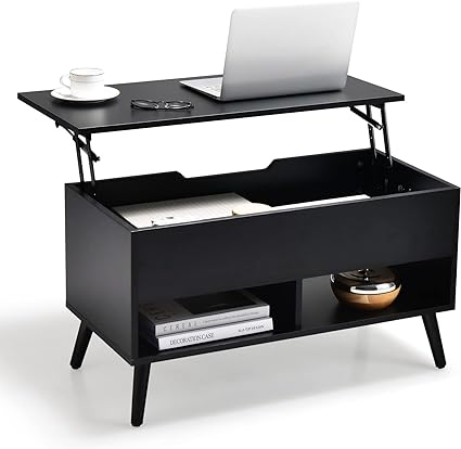 COSTWAY Lift Up Top Coffee Table, Wooden Lifting Cocktail Center Table with Hidden Storage Compartment and Open Shelf, Adjustable Rectangular Accent Sofa Side Tea Table for Living Room Office (Black)