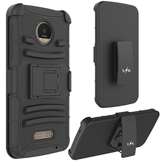 Moto Z Play Case, LK [Heavy Duty] Black Armor Holster Defender Full Body Protective Hybrid Case Cover with Belt Clip for Motorola Moto Z Play Droid