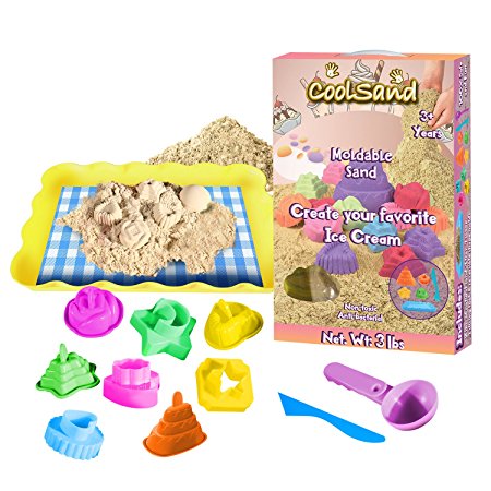 CoolSand Ice cream Kinetic Play Sand Mold Kit | Includes 2 lbs. of Natural Indoor Play Sand, 8 Reversible Shape Molds, 1 Tray and Tools | 100% Non-Toxic Sand Molding Set for Children and Adults