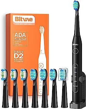 Bitvae Ultrasonic Electric Toothbrushes - Electric Toothbrush for Adults and Kids, American Dental Association Accepted, Rechargeable Travel Sonic Toothbrush with 8 Heads, Black D2